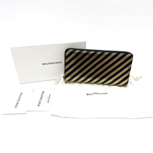 BALENCIAGA Long Wallet Purse 392124 leather Black x Gold stripe unisex(Unisex)