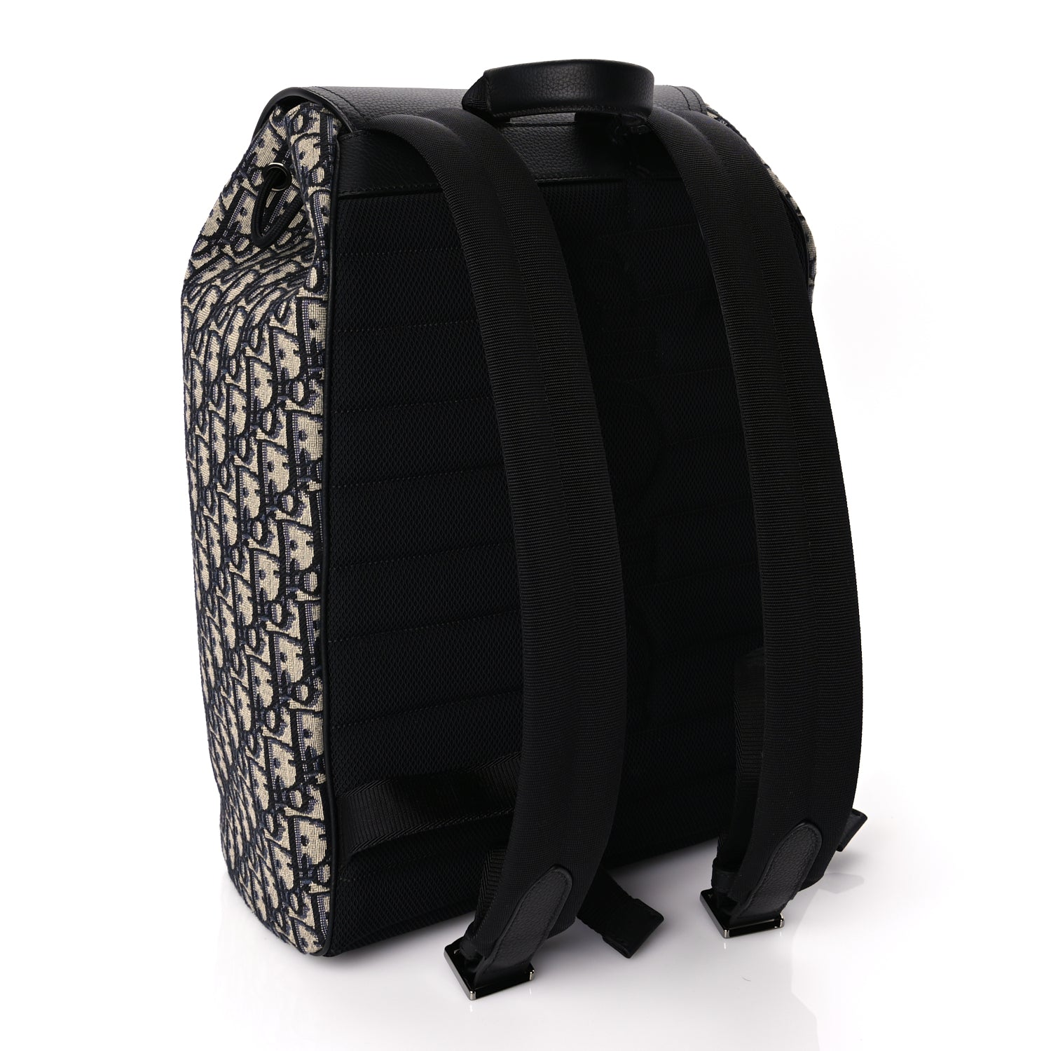 Christian Dior Oblique Jacquard Grained Calfskin Drawstring Saddle Backpack Beige Black