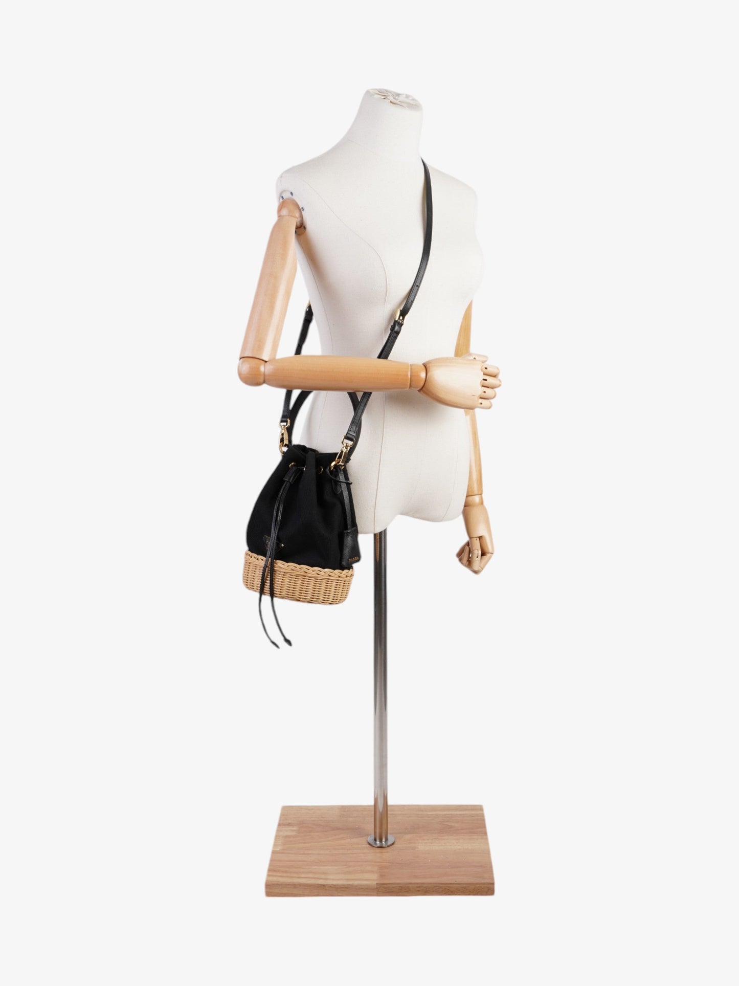 Prada Wicker Bucket Bag Black / Natural Canvas