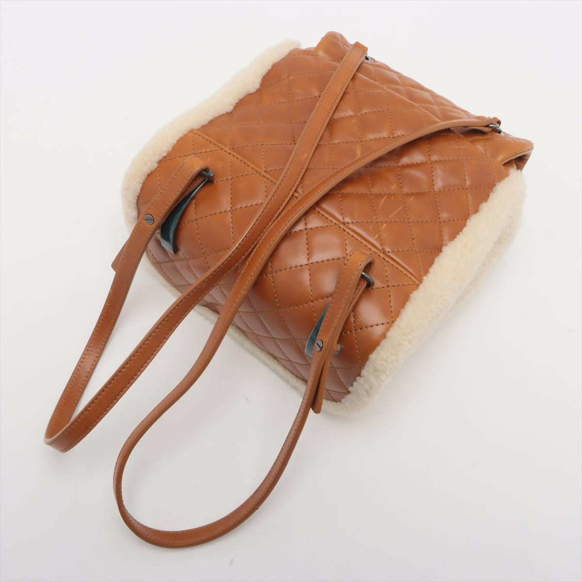 Chanel Camel Brown Lambskin Leather and Beige Shearling Diamond Quilting Backpack