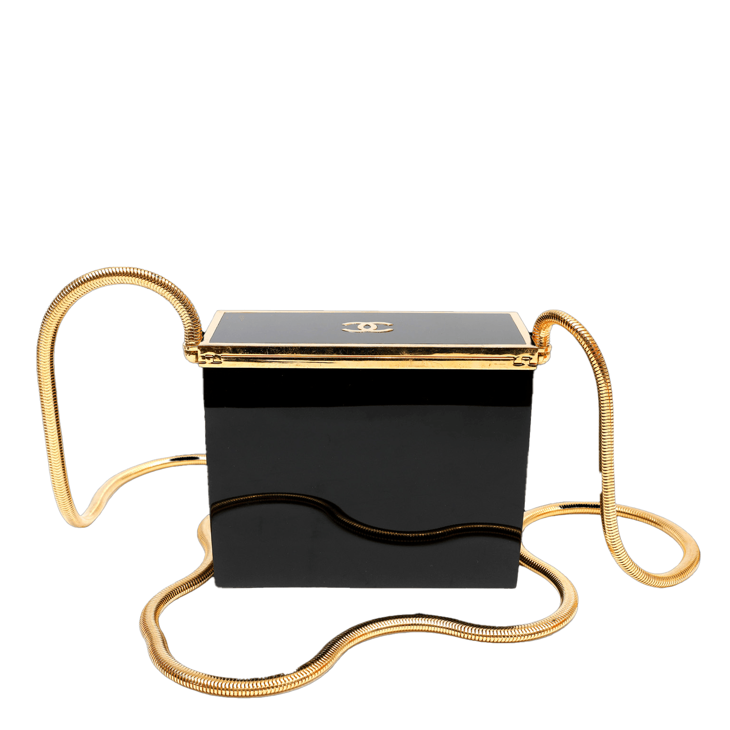 Chanel Black Lucite Box Purse w 24kt Gold Plated Strap
