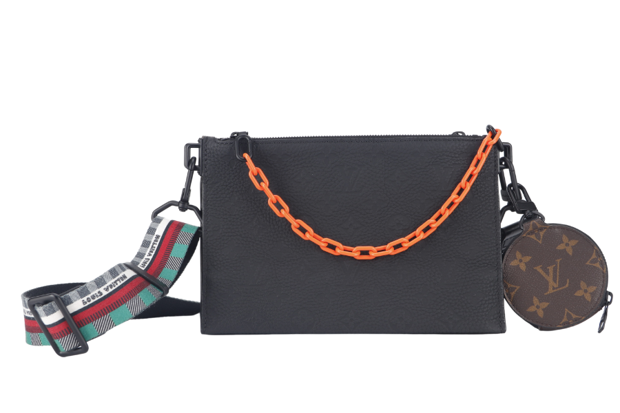 LOUIS VUITTON TRIO POUCH BAG ( ) MONOGARAM BLACK EMPREINTE WITH ROUND POUCH, STRAPS AND DUST COVER