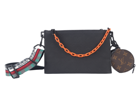 LOUIS VUITTON TRIO POUCH BAG ( ) MONOGARAM BLACK EMPREINTE WITH ROUND POUCH, STRAPS AND DUST COVER
