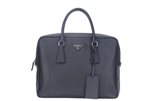 PRADA TRAVEL BRIEFCASE LARGE BALTICO SAFFIANO LEATHER (VA0891) SILVER HARDWARE WITH DUST COVER AND CARD