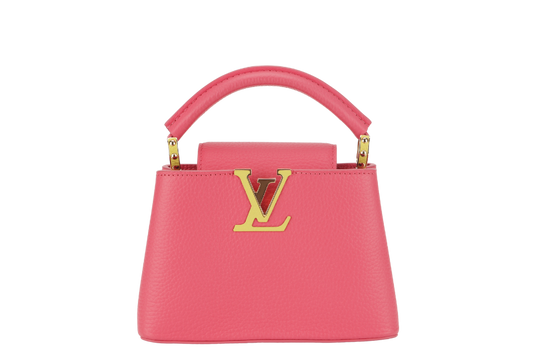 LOUIS VUITTON MINI CAPUCINES ( ) PINK-LIME TAURILLON LEATHER GOLD HARDWARE MICROCHIP WITH STRAP, DUST COVER AND BOX Handbag