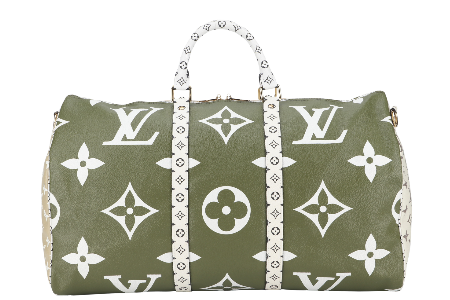 LOUIS VUITTON KEEPALL BANDOULIERE 50 ( ) KHAKI BEIGE GIANT MONOGRAM GOLD HARDWARE WITH STRAPS, PADLOCK, KEYS, DUST COVER AND BOX Handbag
