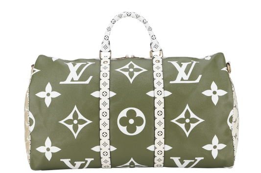 LOUIS VUITTON KEEPALL BANDOULIERE 50 ( ) KHAKI BEIGE GIANT MONOGRAM GOLD HARDWARE WITH STRAPS, PADLOCK, KEYS, DUST COVER AND BOX Handbag