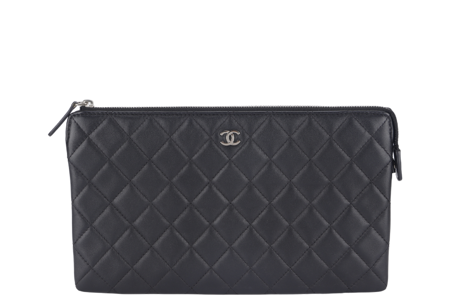 CHANEL BLACK LAMBSKIN QUILTED CLUTCH 2638xxxx SILVER HARDWARE WITH DUST COVER AND BOX
