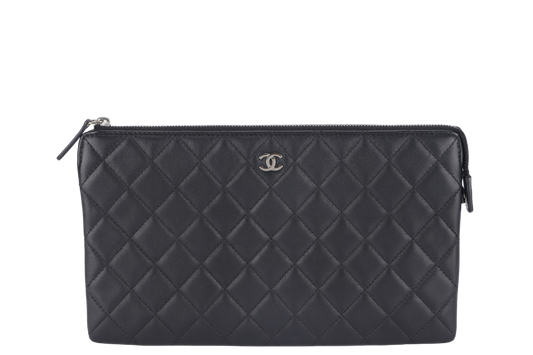 CHANEL BLACK LAMBSKIN QUILTED CLUTCH 2638xxxx SILVER HARDWARE WITH DUST COVER AND BOX