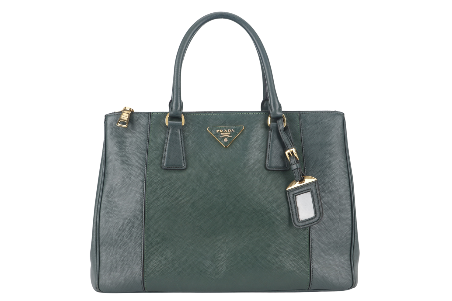 PRADA MEDIUM GALLERIA TOTE GREEN BICOLOR SAFFIANO LUX LEATHER GOLD HARDWARE WITH STRAPS AND DUST COVER