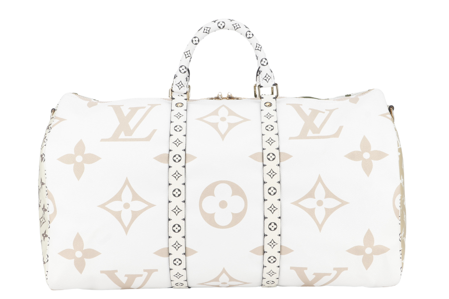 LOUIS VUITTON KEEPALL BANDOULIERE 50 ( ) KHAKI BEIGE GIANT MONOGRAM GOLD HARDWARE WITH STRAPS, PADLOCK, KEYS, DUST COVER AND BOX Handbag