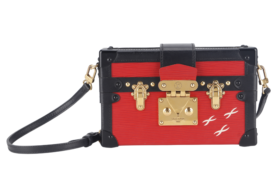 LOUIS VUITTON PETITE MALLE ( ) ROUGE, BLACK EPI LEATHER SHOULDER BAG GOLD HARDWARE WITH DUST COVER AND BOX