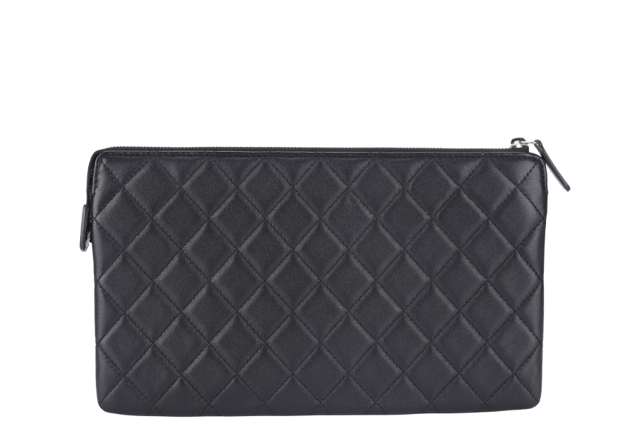CHANEL BLACK LAMBSKIN QUILTED CLUTCH 2638xxxx SILVER HARDWARE WITH DUST COVER AND BOX