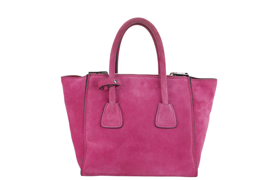 PRADA 2WAYS BAG (BN2625) MEDIUM PINK SUEDE SILVER HARDWARE WITH DUST COVER AND STRAP