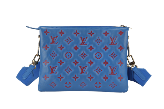 LOUIS VUITTON COUSSIN CROSSBODY BAG PM BLUE & RED EMBOSSED LAMBSKIN GOLD HARDWARE MICROCHIP WITH DUST COVER AND BOX