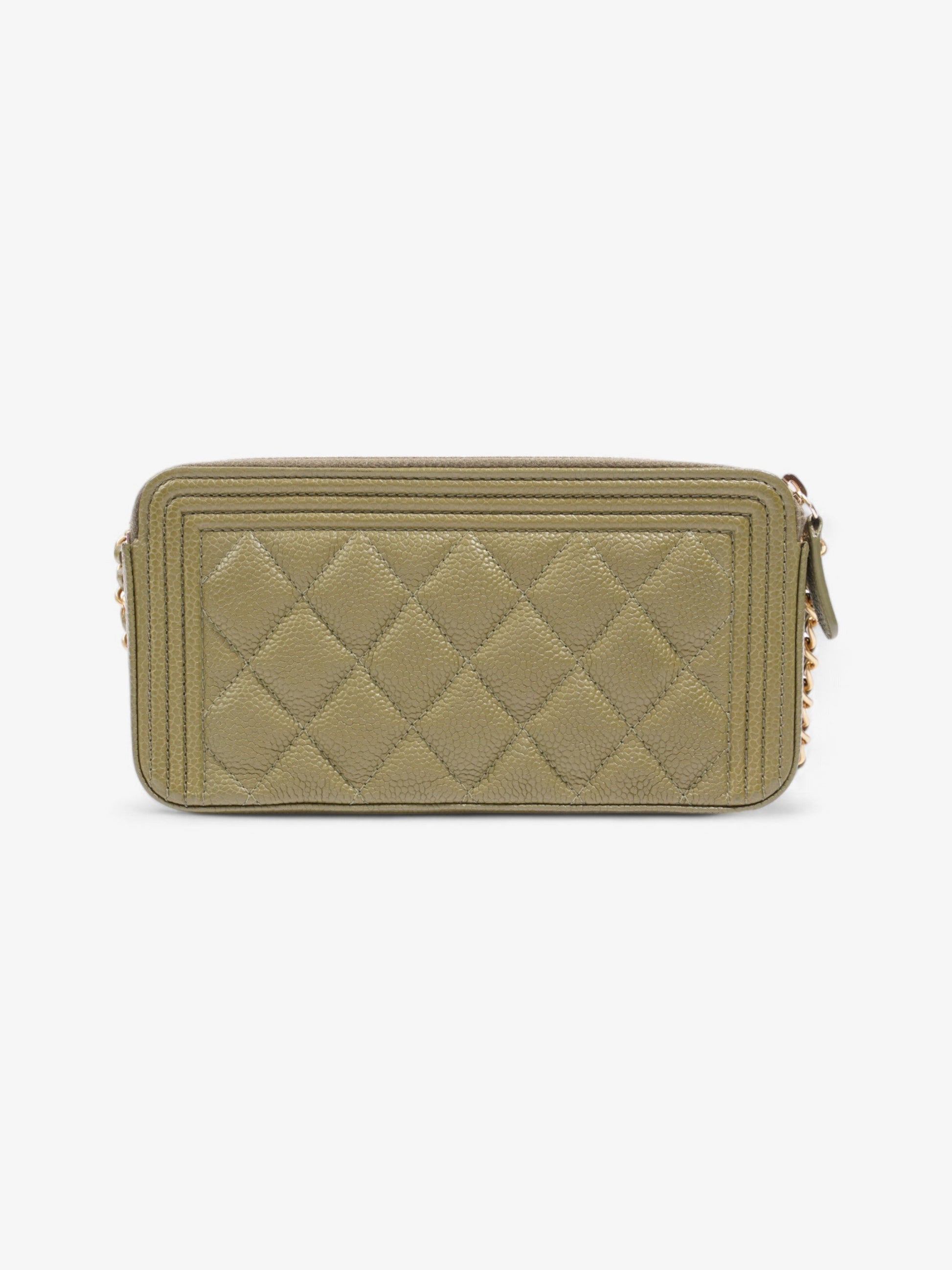 Chanel Double Zip Clutch On Chain Khaki Caviar Leather