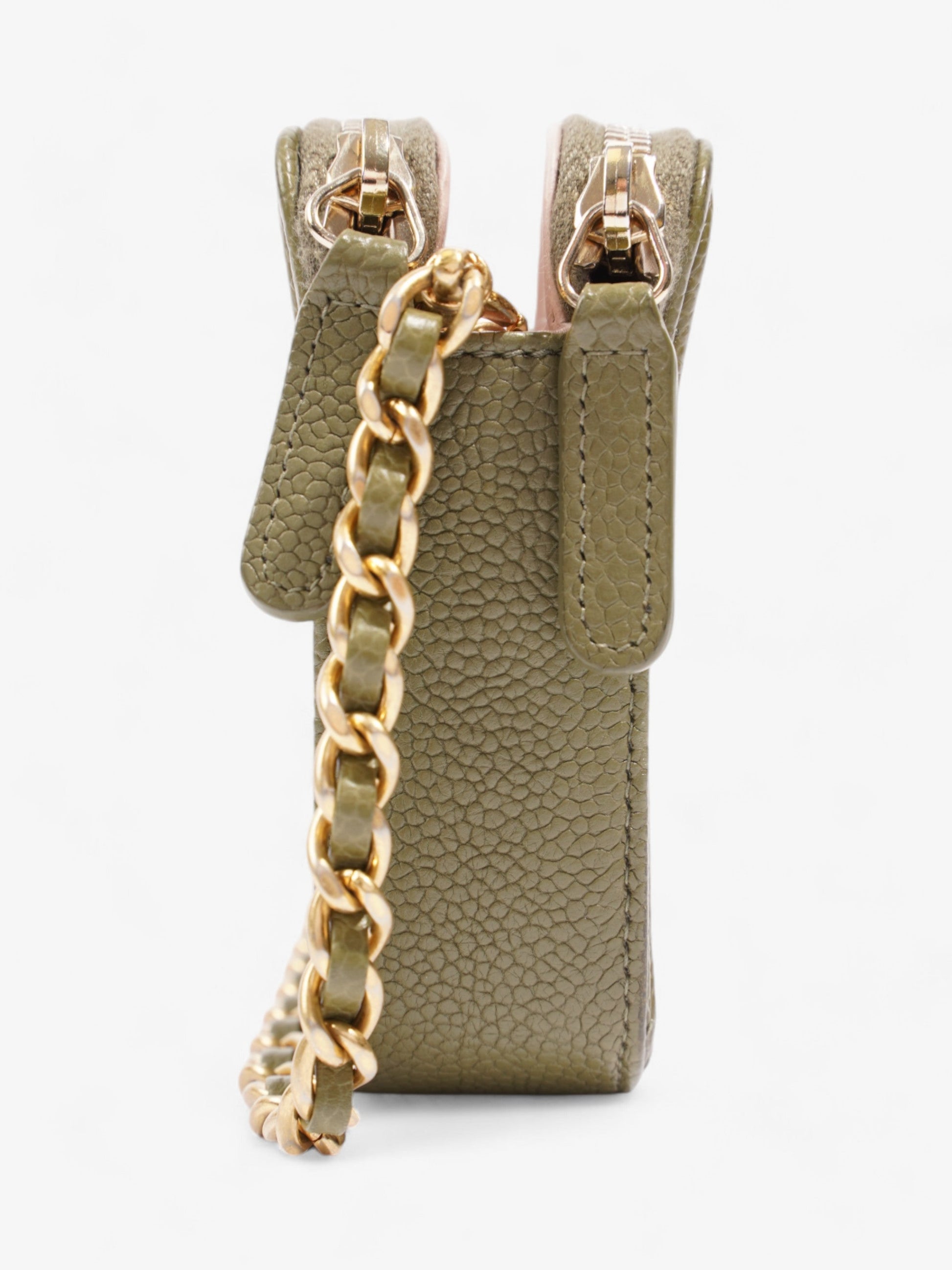 Chanel Double Zip Clutch On Chain Khaki Caviar Leather