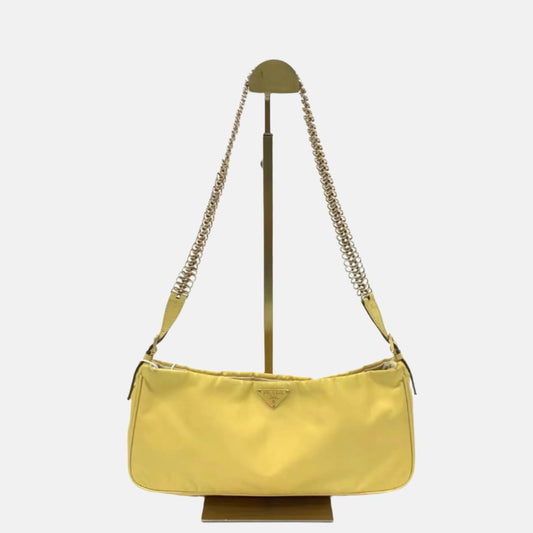 Prada Chain Shoulder Bag Nylon Yellow with Gold-tone Chain