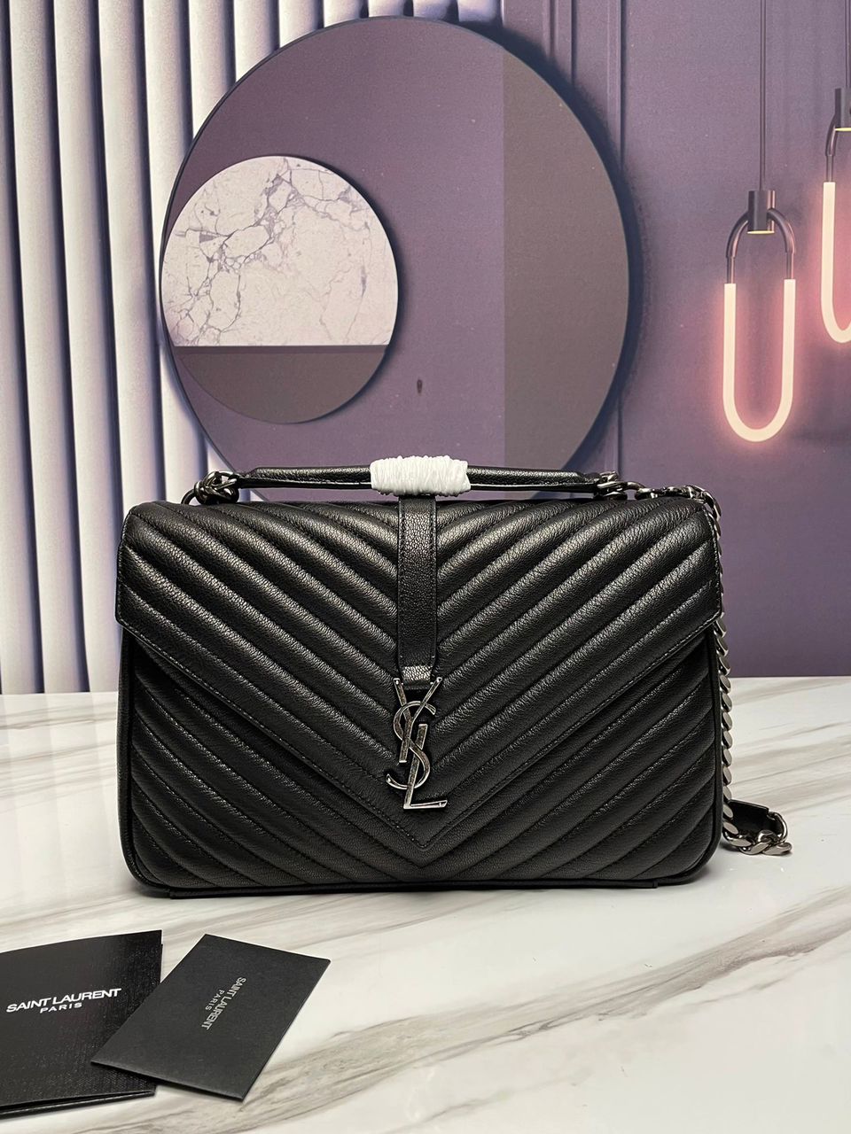 Yves Saint Laurent College Large Chain Bag Black With Silver Toned Hardware