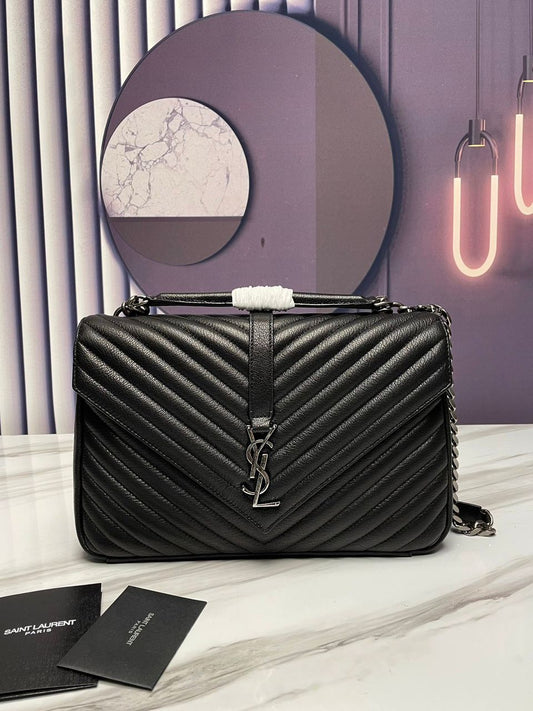 Yves Saint Laurent College Large Chain Bag Black With Silver Toned Hardware