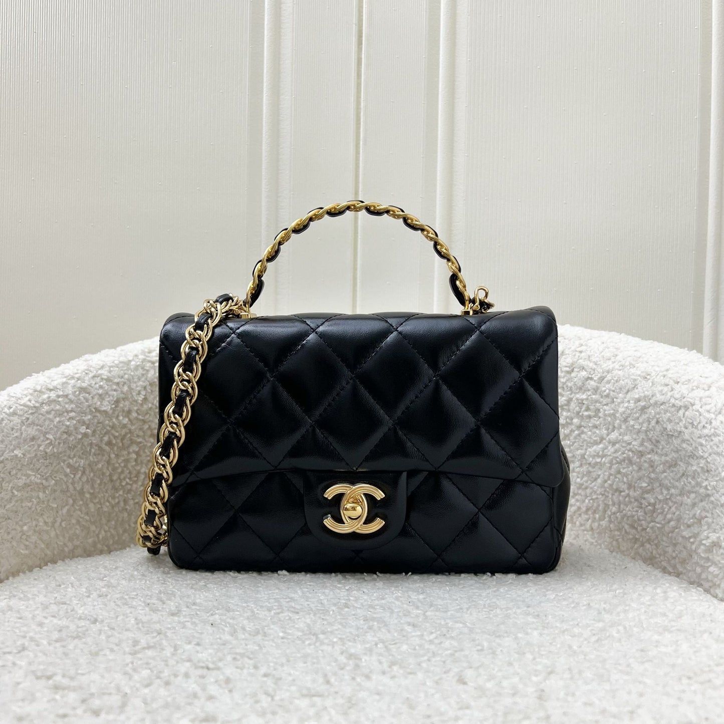Chanel 23S Top Handle Small / Mini 21cm Flap in Black Lambskin and Shiny GHW Handbag