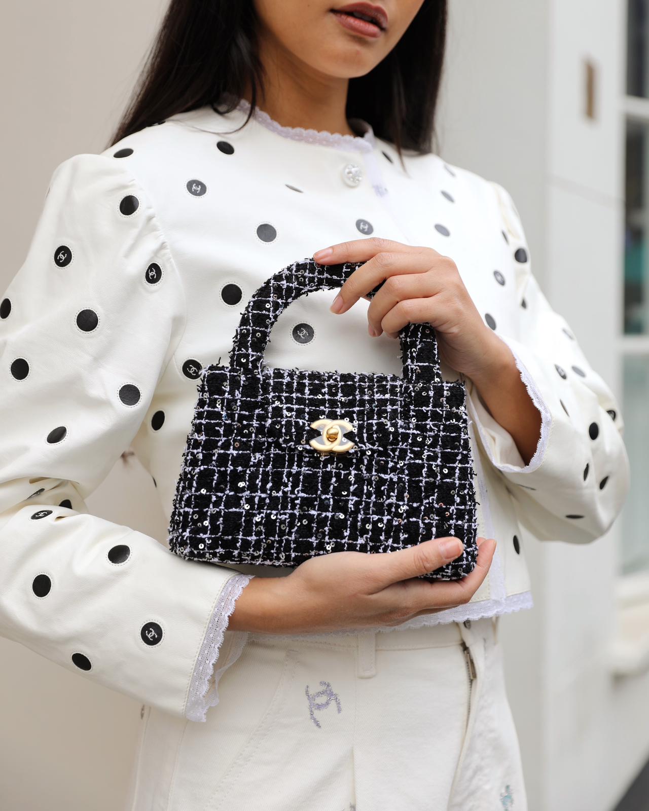 Chanel Black & White Tweed and Sequin Small Kelly Bag with Brushed Antique Gold Hardware