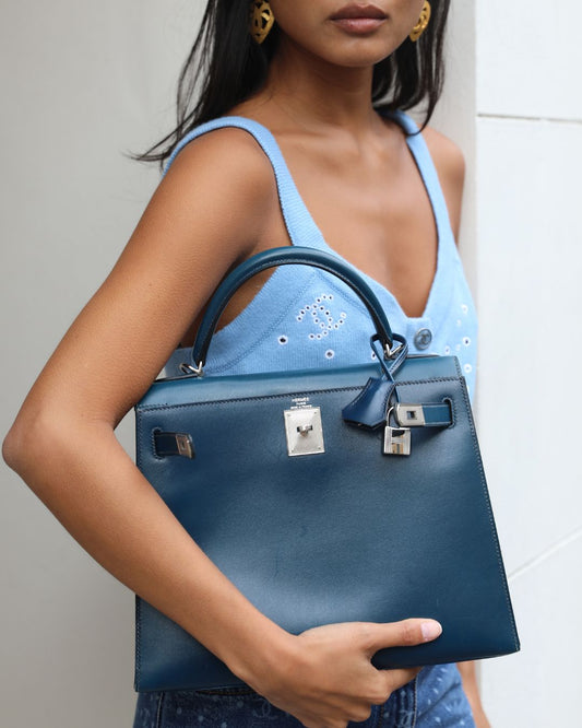 *VERY RARE* Hermes Kelly 28 Sellier Bag in Bleu De Prusse Box Calf Leather with Guilloche Palladium Hardware