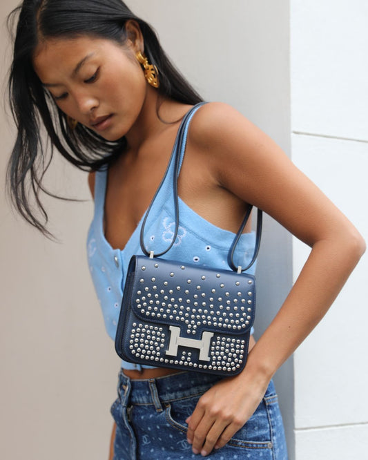 *LIMITED EDITION* Hermes Mini Constance Clouté III Miroir 18 Bag in Bleu Abysse Calfskin Box Leather with Palladium Hardware