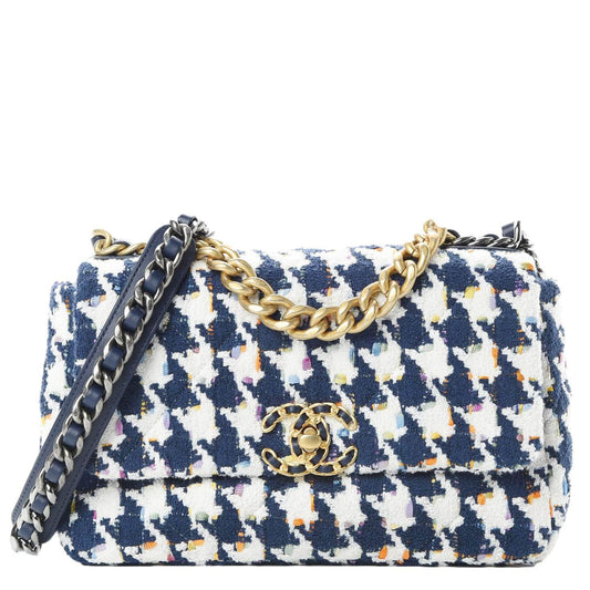 Chanel 19 Flap Medium Quilted Tweed Hobo Bag Navy Blue