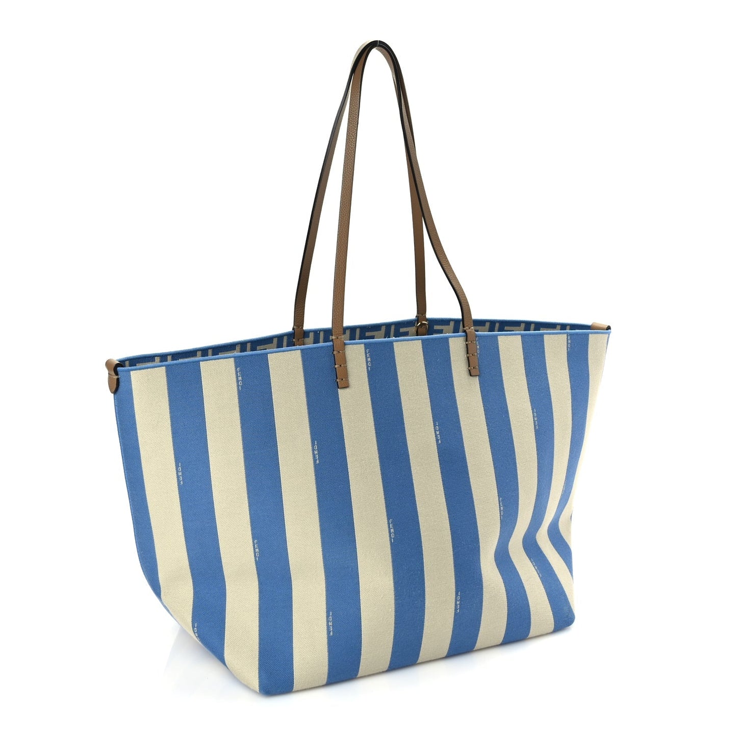 Fendi Pequin Stripe FF Large Roll Tote Cerulean Blue Sand Beige