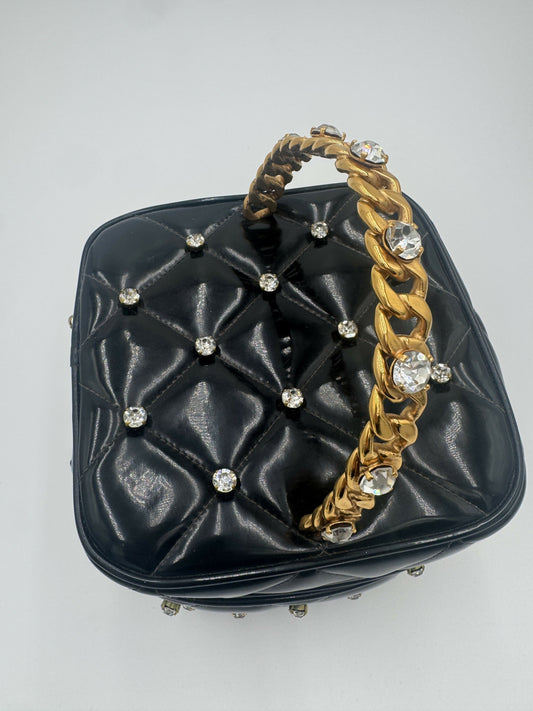 Chanel 1995 Barbie Black Rhinestone Heart-Mirror Vanity Case Bag