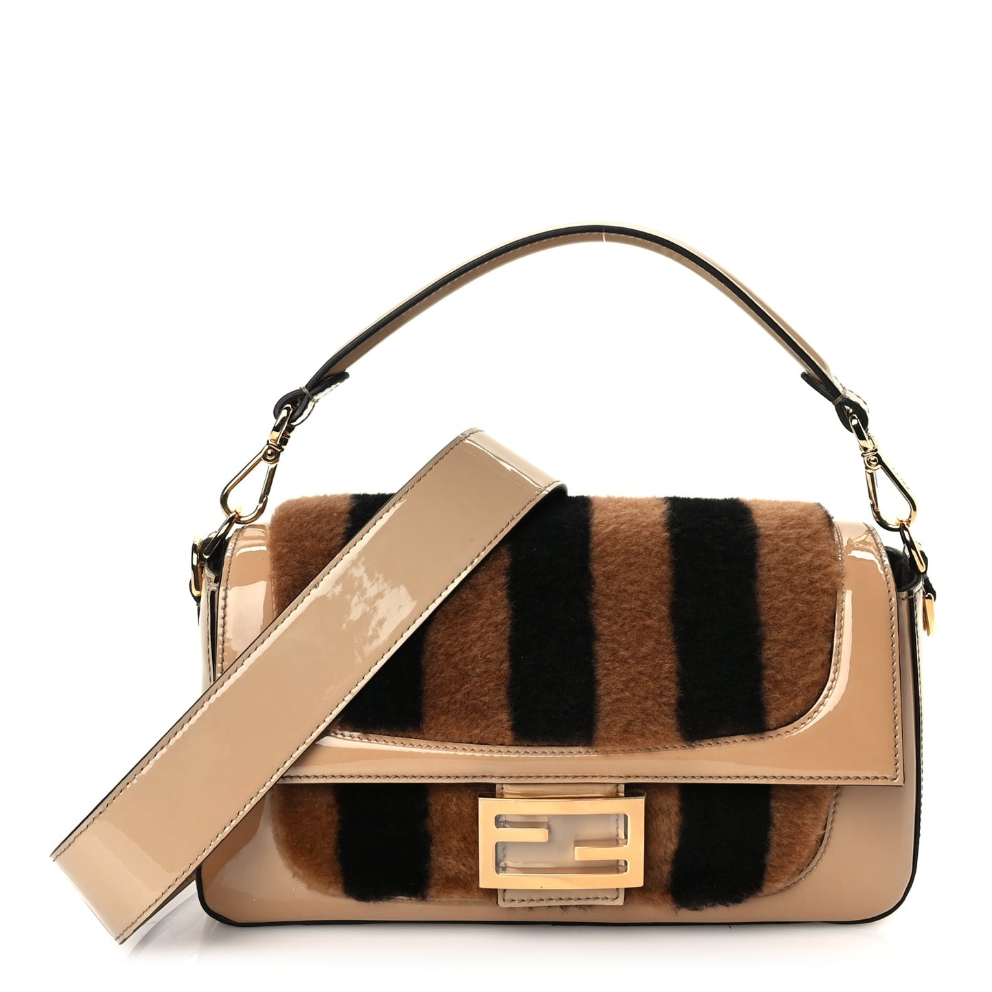 Fendi Shearling Vitello Vernice Mou Pequin Striped Baguette Tobacco Black Tortora