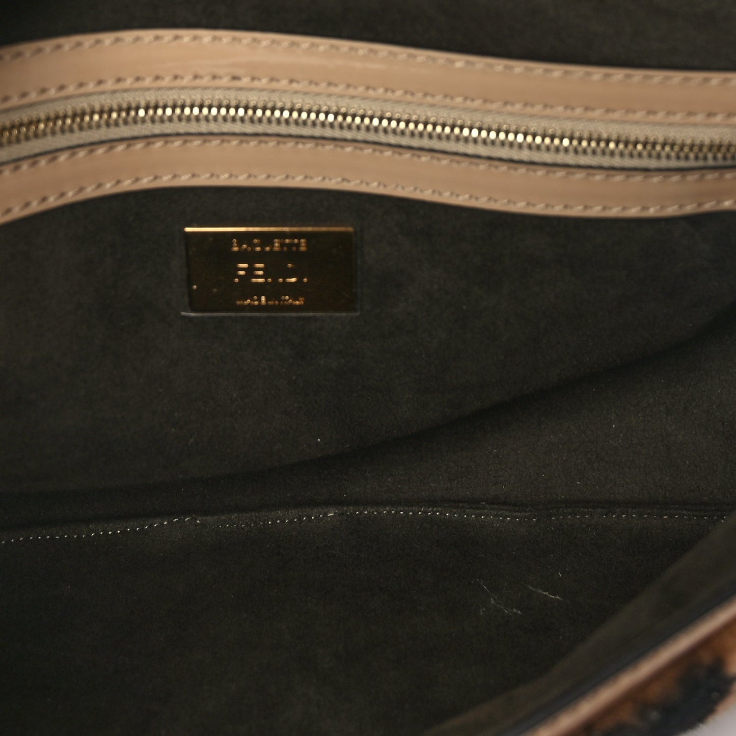 Fendi Shearling Vitello Vernice Mou Pequin Striped Baguette Tobacco Black Tortora