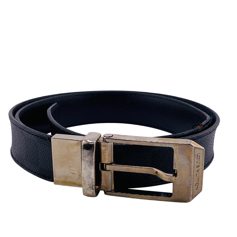 LOUIS VUITTON belt leather black Saintur Damier Grafitte mens 85/34