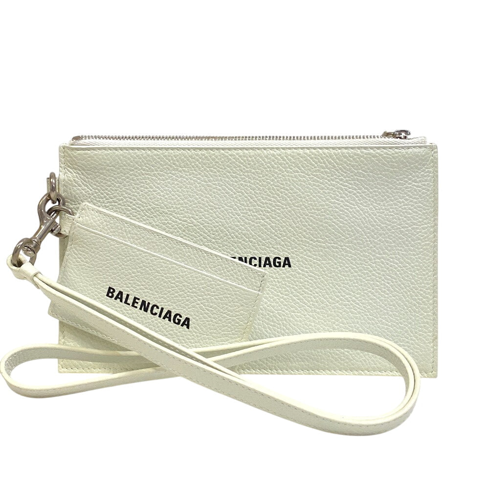 BALENCIAGA Pouch 659783 leather white 1IZIM Travel pouch logo cash pouch Card Case Women(Unisex)