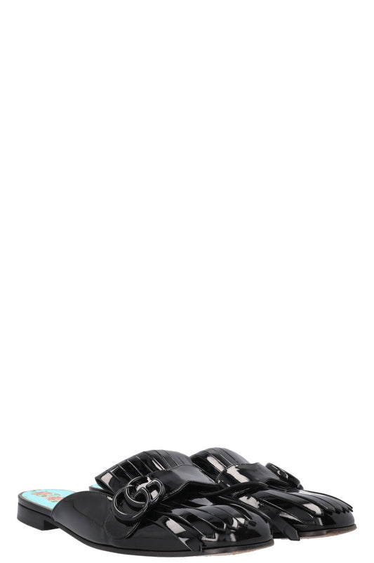 GUCCI Fringed Marmont Mules Patent Black