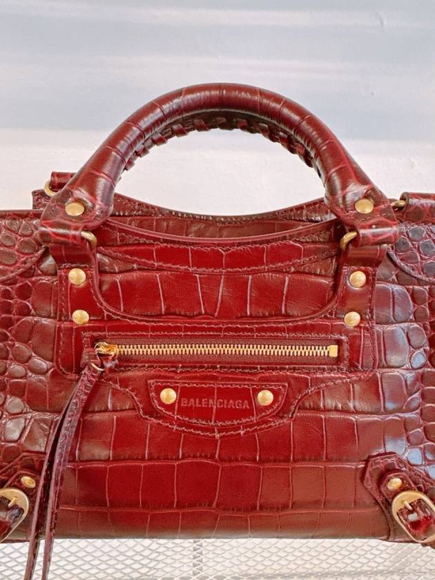 Luxury Balenciaga Trending 2026 Women s Burgundy Neo Classic Croc Calf Leather Mini City Bag 638524 23EF1 6526