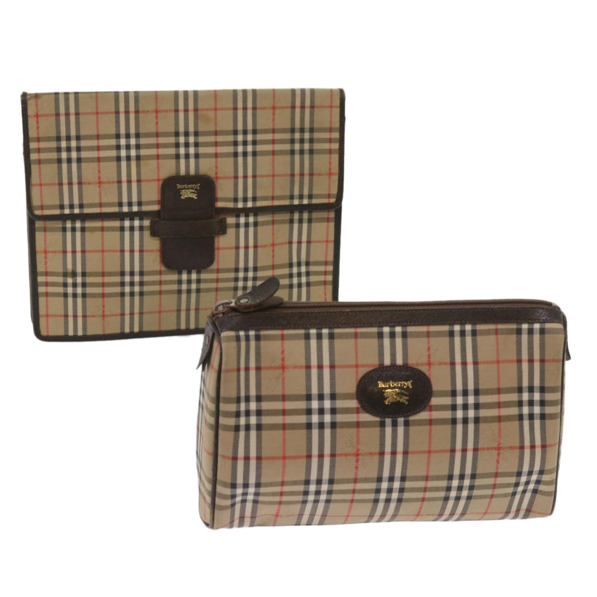 Burberry Nova Check Clutch Bag Canvas 2Set Beige Brown Auth ac2698