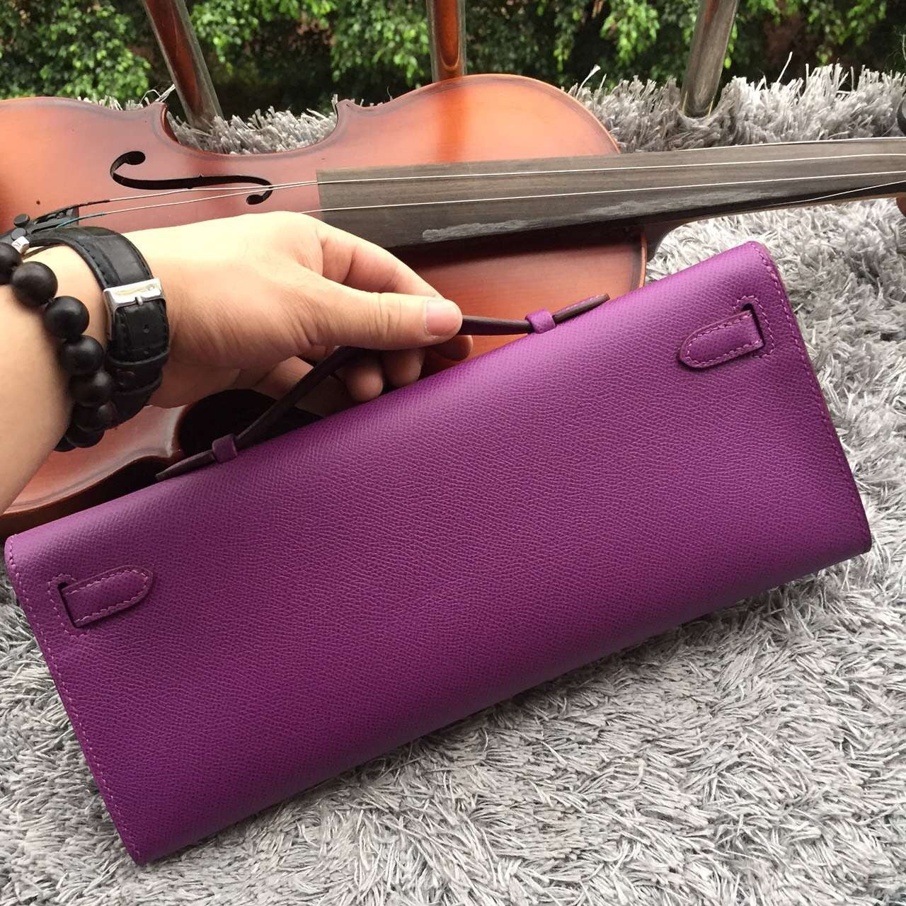 Luxury Hermes Purple Handcrafted Kelly Cut Clutch