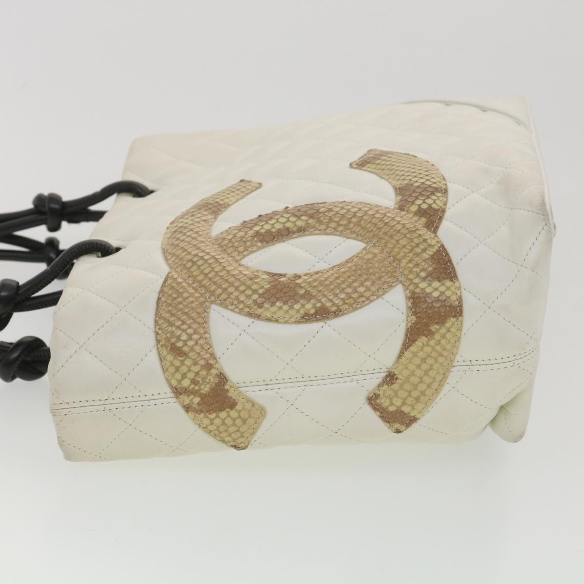 CHANEL Cambon Line Tote Bag Lamb Skin White CC Auth am3907
