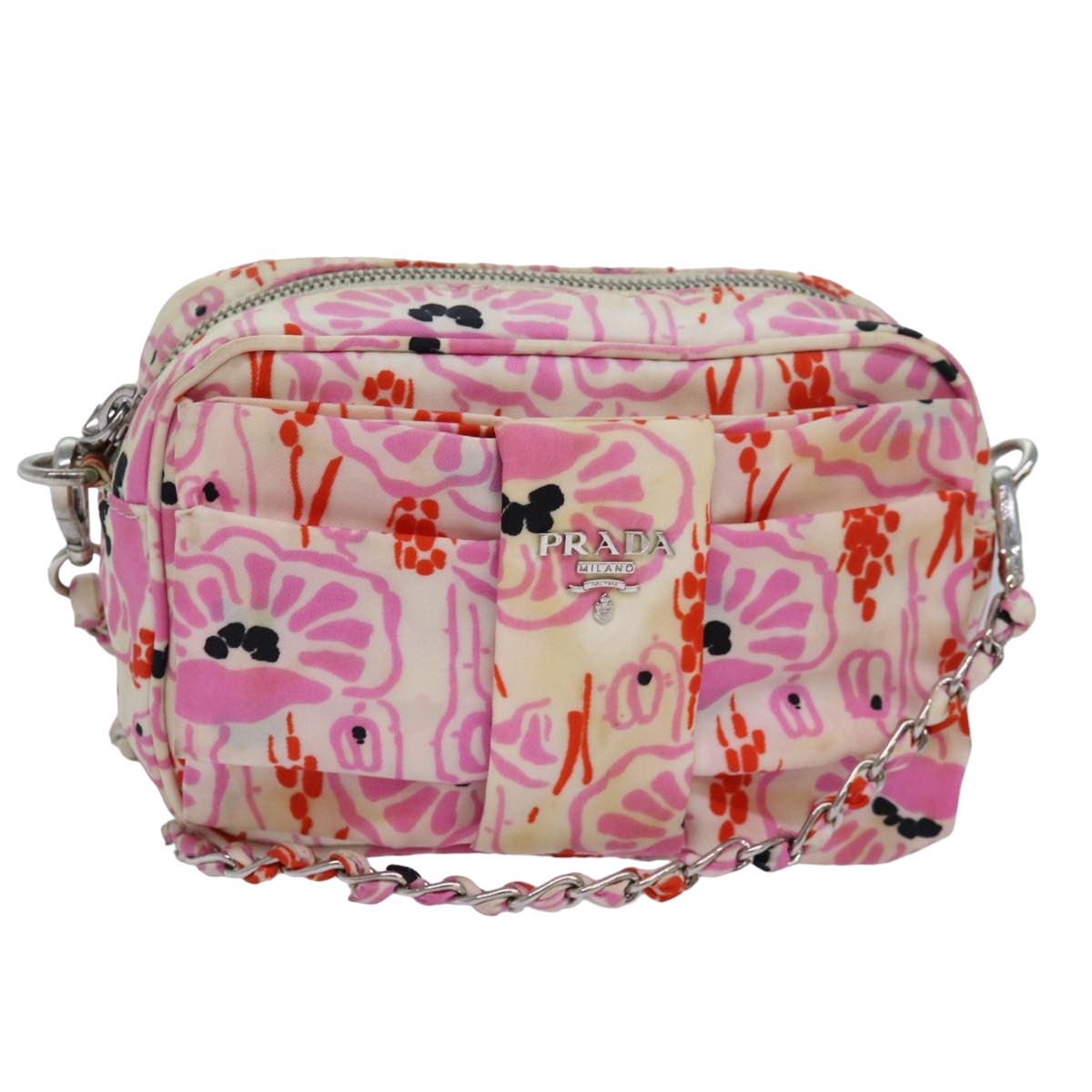 PRADA Ribbon Chain Shoulder Bag Nylon Pink Auth