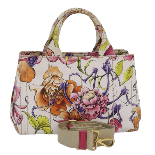 PRADA Flower Pattern Canapa PM Hand Bag Canvas 2way Multicolor Auth