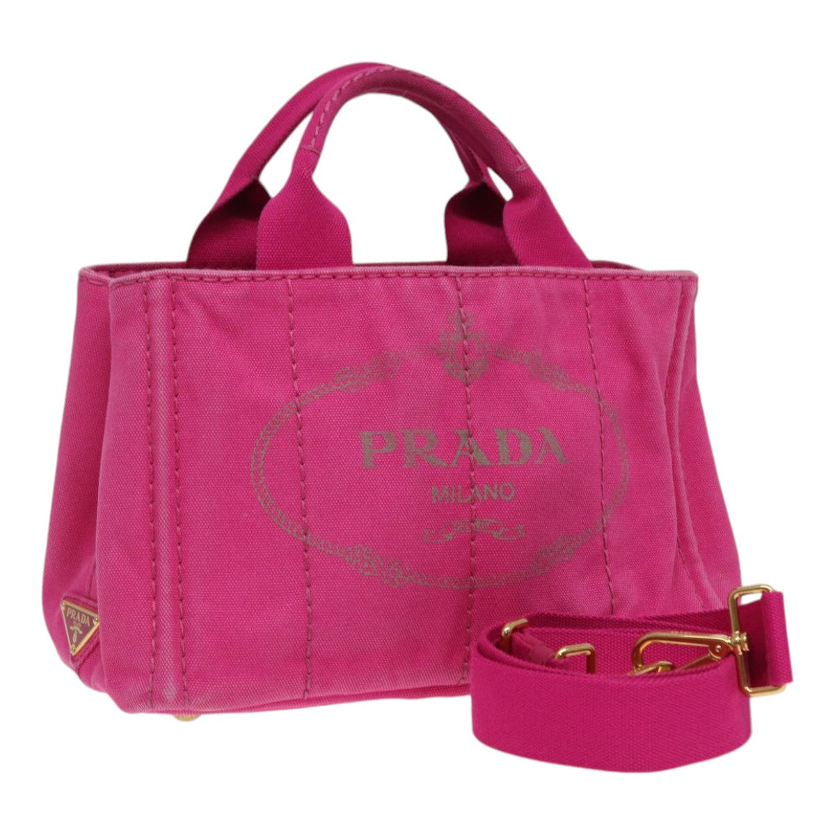 PRADA Canapa PM Hand Bag Canvas 2way Pink Gold Auth