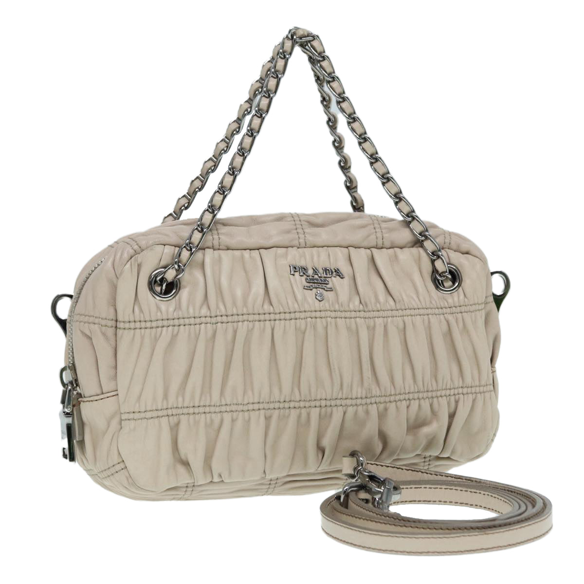 PRADA Gathered Hand Bag Leather 2way Beige Silver Auth