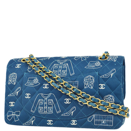 Chanel Blue Canvas Icon Medium Classic Double Flap Shoulder Bag