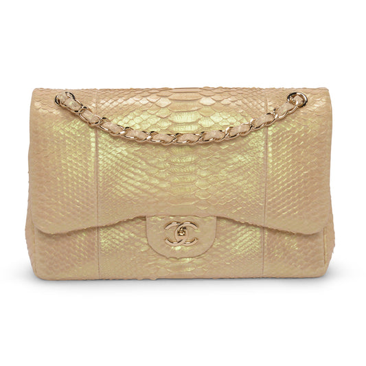 Chanel Light Beige Iridescent Python Large Double Flap Bag