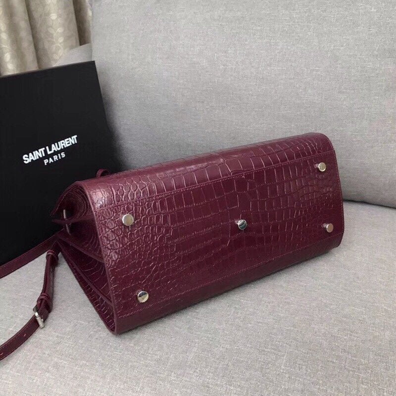 Yves Saint Laurent Sac De Jour Small In Embossed Crocodile Burgundy Luxury Handbag