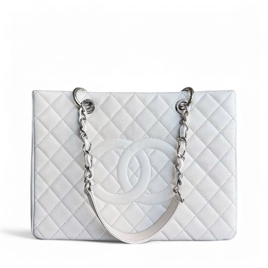 Chanel GST Grand Shopping Tote - Caviar Quilted White Silver Hardware Series 18