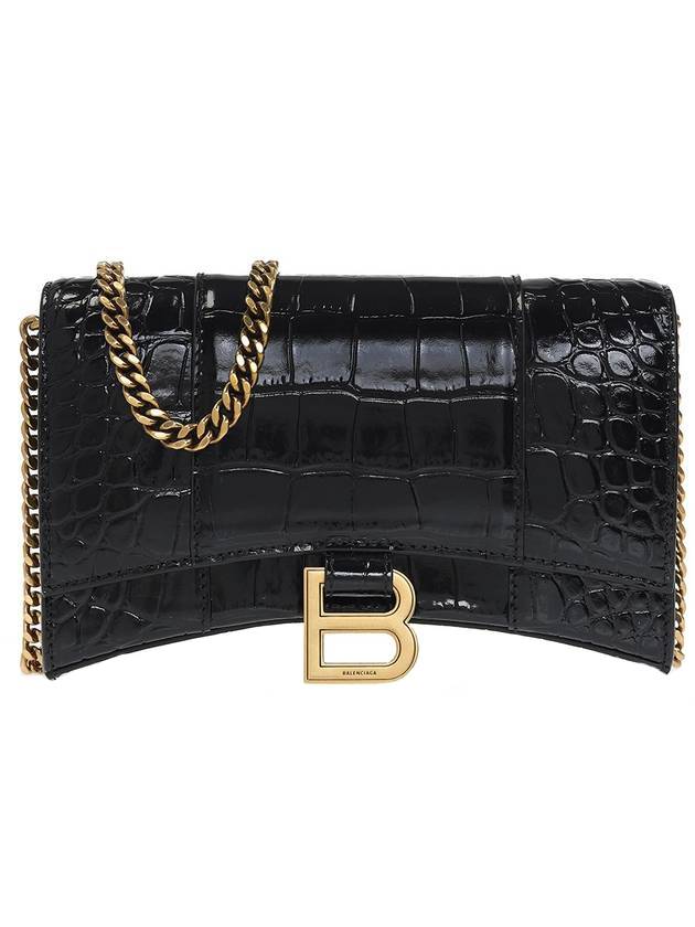 Luxury Balenciaga Trending 2026 Hourglass Chain Crocodile Embossed Calfskin Medium Wallet Black
