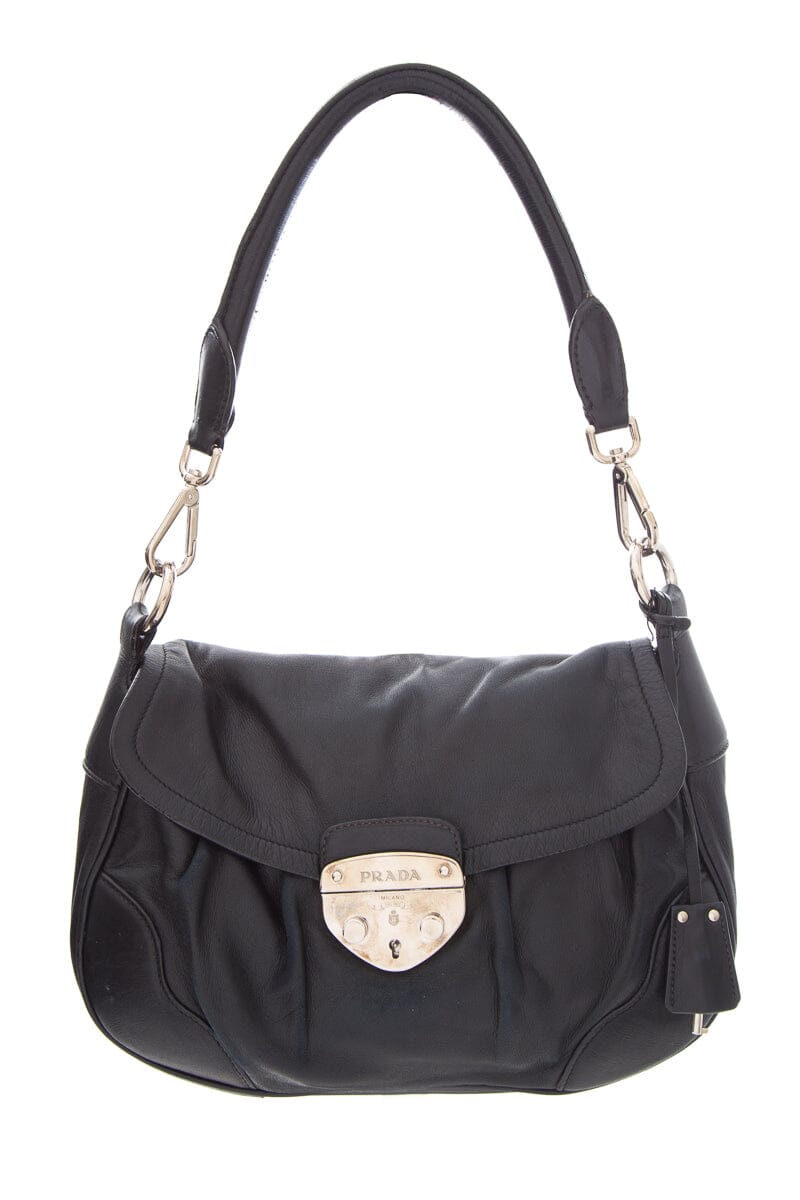 Prada Milano Dal Black Leather Pushlock & Key Handbag